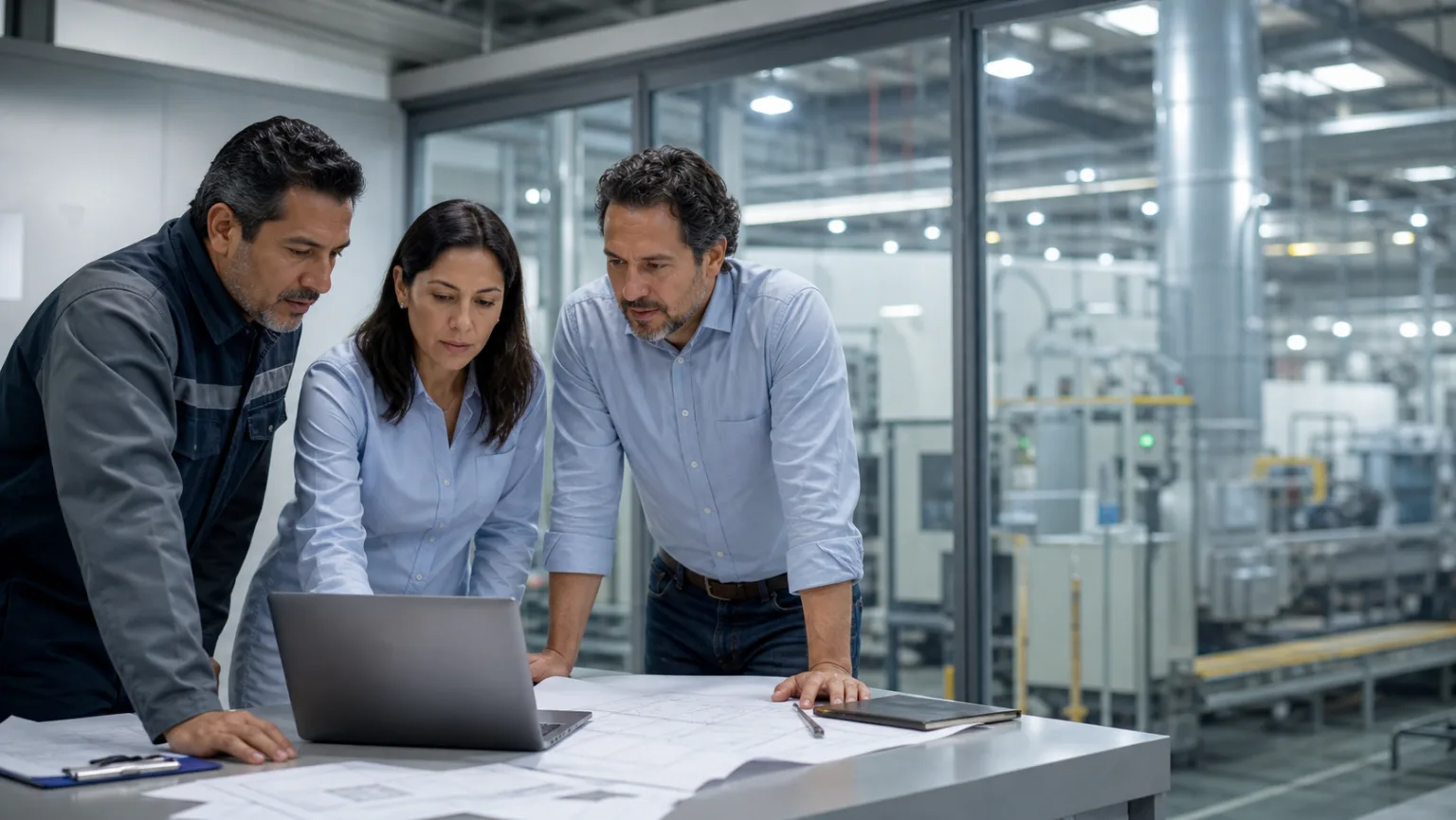 Especialistas y equipo interno revisando una solución en un entorno operacional