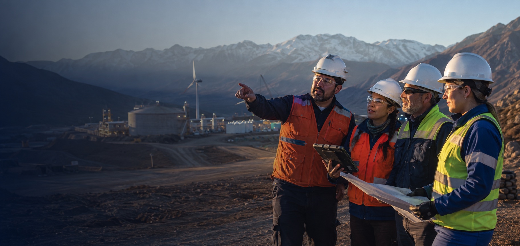Equipo multidisciplinario evaluando una operación industrial y energética en terreno