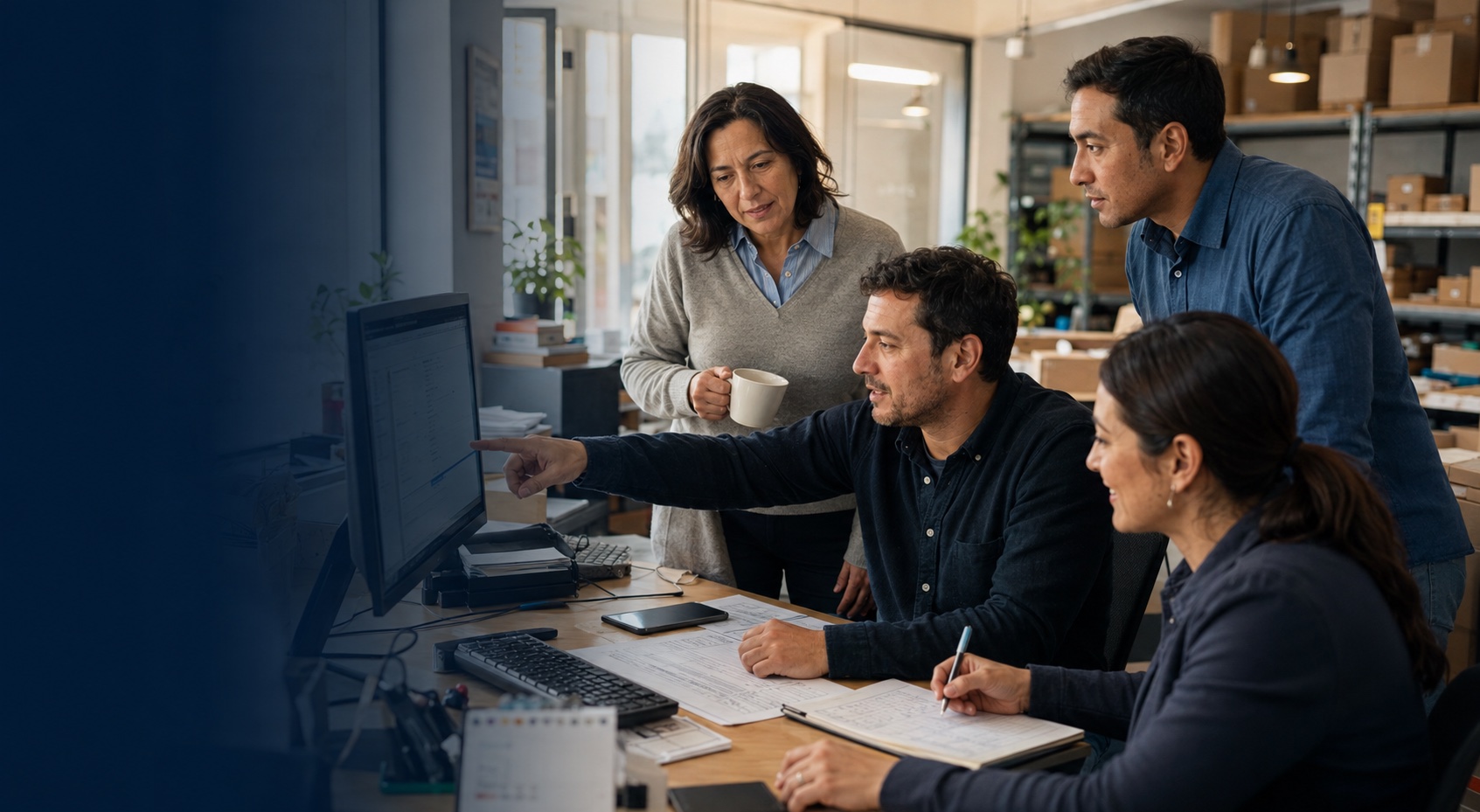 Equipo de una empresa trabajando en conjunto con herramientas digitales